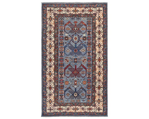 4x6 Ft Blue Gray Afghan Hand Knotted Kazak Wool Area Rug